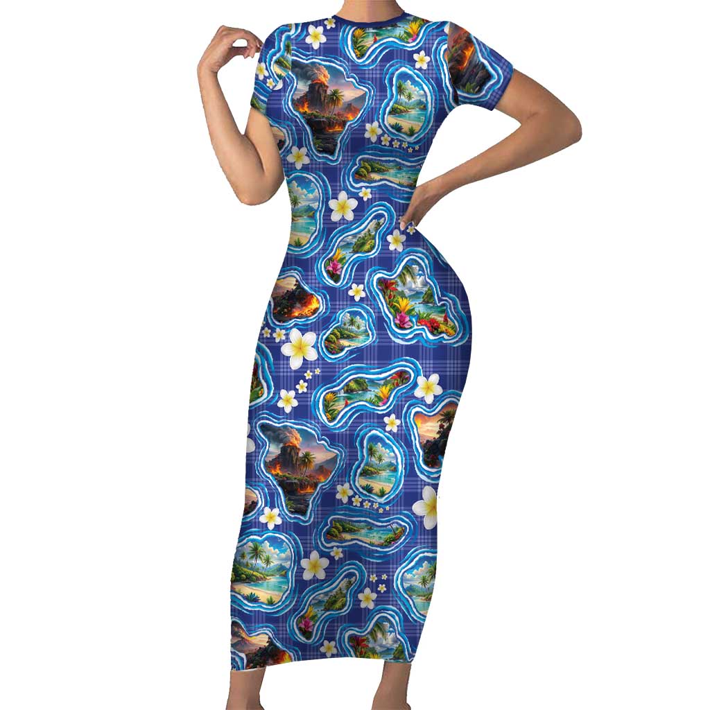 Hawaiian Island Shapes-Iconic Landscape Short Sleeve Bodycon Dress with Plumeria and Palaka Blue Color
