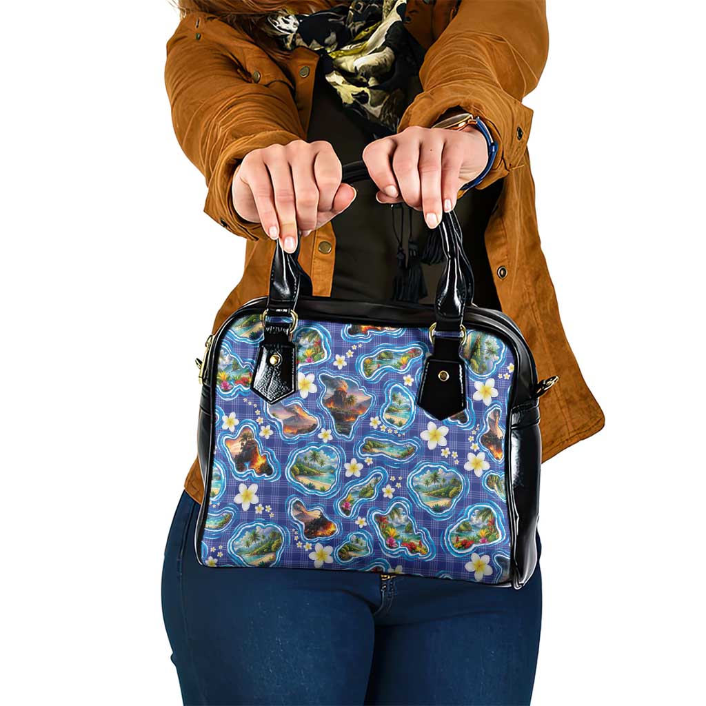 Hawaiian Island Shapes-Iconic Landscape Shoulder Handbag with Plumeria and Palaka Blue Color