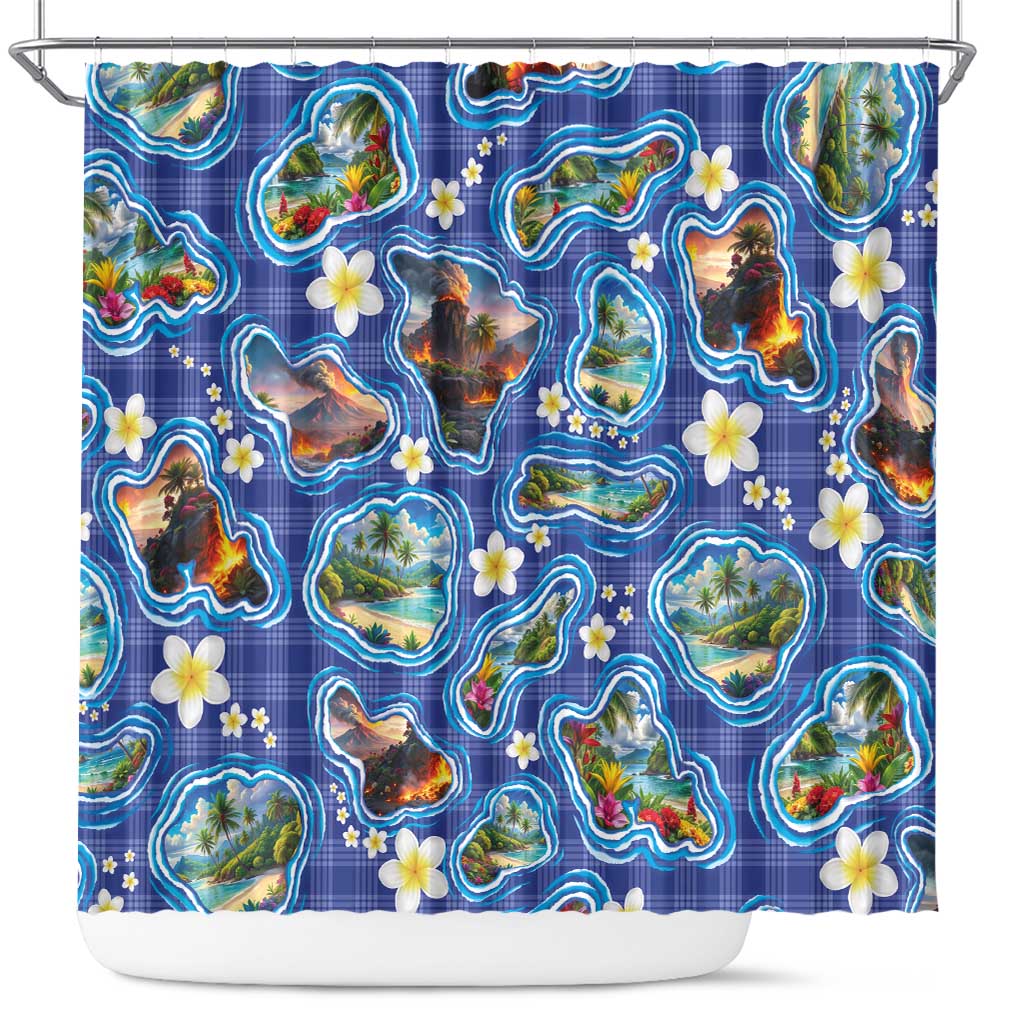 Hawaiian Island Shapes-Iconic Landscape Shower Curtain with Plumeria and Palaka Blue Color
