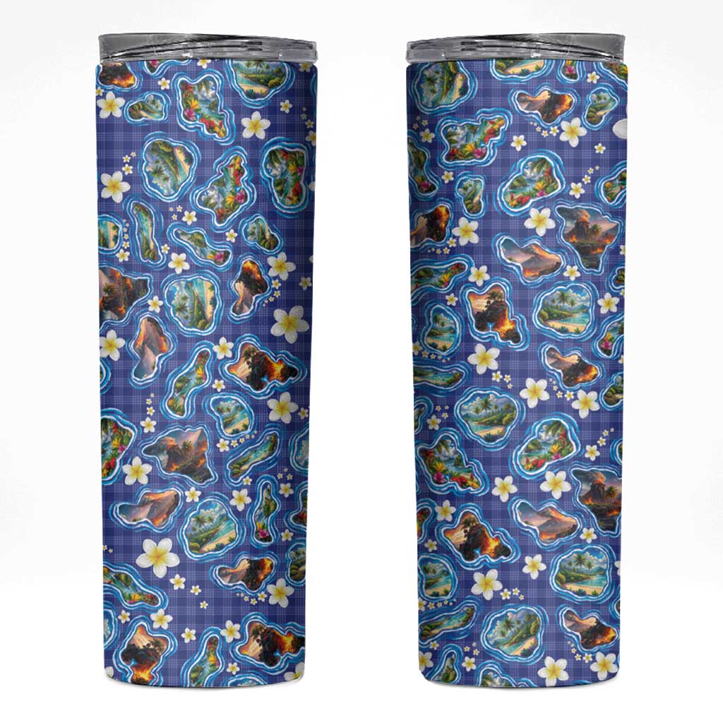 Hawaiian Island Shapes-Iconic Landscape Skinny Tumbler with Plumeria and Palaka Blue Color