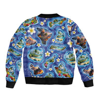 Hawaiian Island Shapes-Iconic Landscape Sleeve Zip Bomber Jacket with Plumeria and Palaka Blue Color LT03 - Polynesian Pride