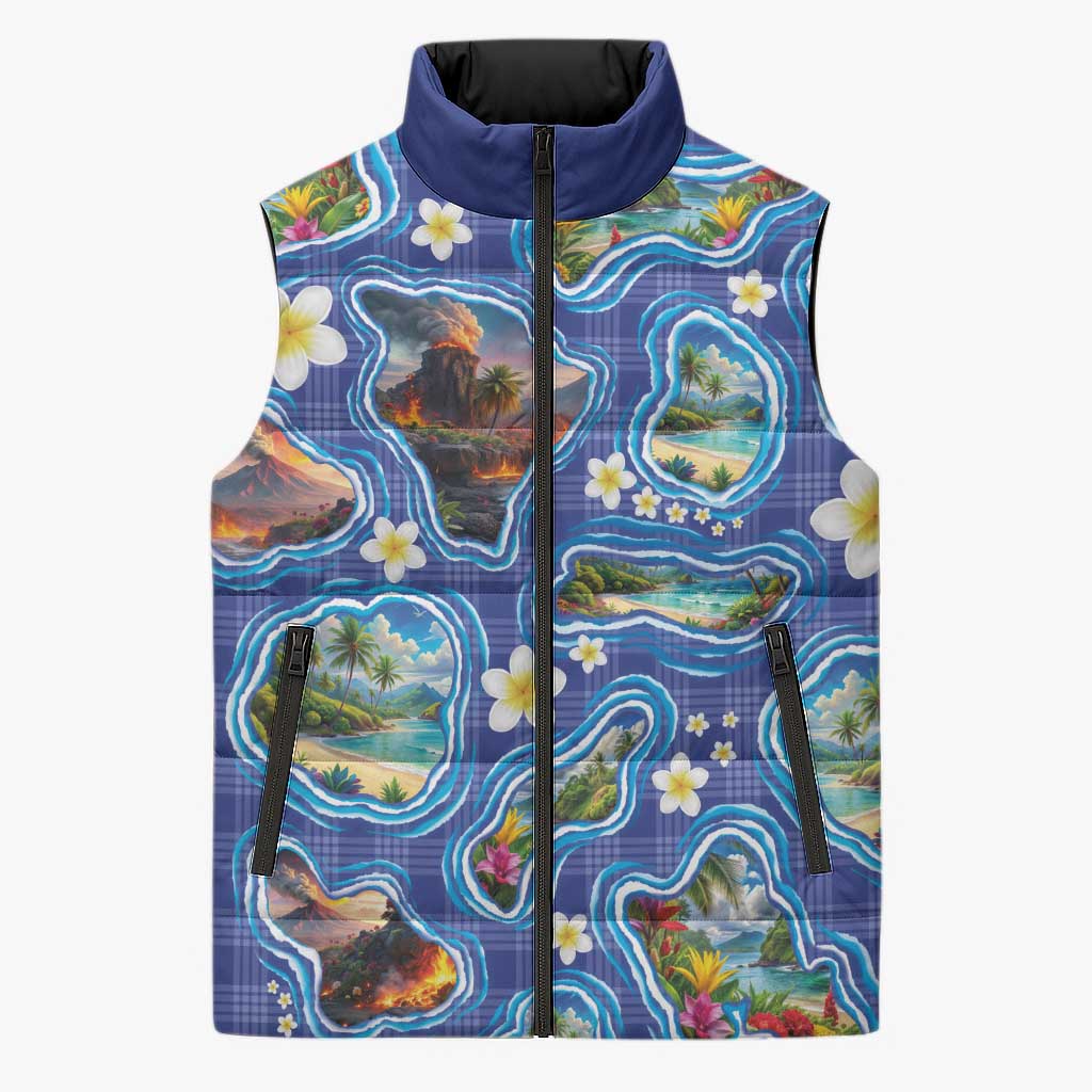 Hawaiian Island Shapes-Iconic Landscape Sleeveless Puffer Jacket with Plumeria and Palaka Blue Color LT03 Unisex Blue - Polynesian Pride
