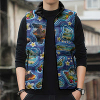 Hawaiian Island Shapes-Iconic Landscape Sleeveless Puffer Jacket with Plumeria and Palaka Blue Color LT03 - Polynesian Pride