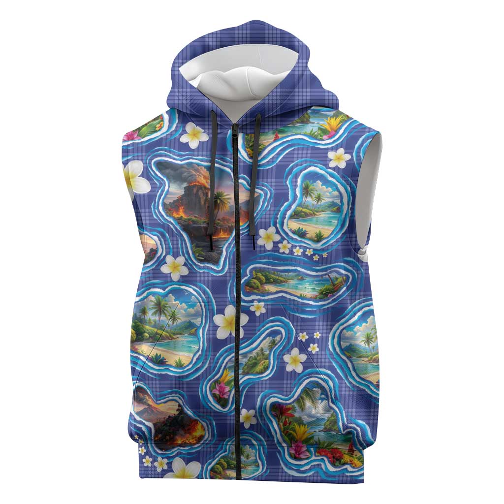 Hawaiian Island Shapes-Iconic Landscape Sleeveless Zip Hoodie with Plumeria and Palaka Blue Color