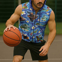 Hawaiian Island Shapes-Iconic Landscape Sleeveless Zip Hoodie with Plumeria and Palaka Blue Color LT03 - Polynesian Pride