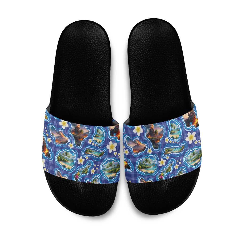 Hawaiian Island Shapes-Iconic Landscape Slide Sandals with Plumeria and Palaka Blue Color