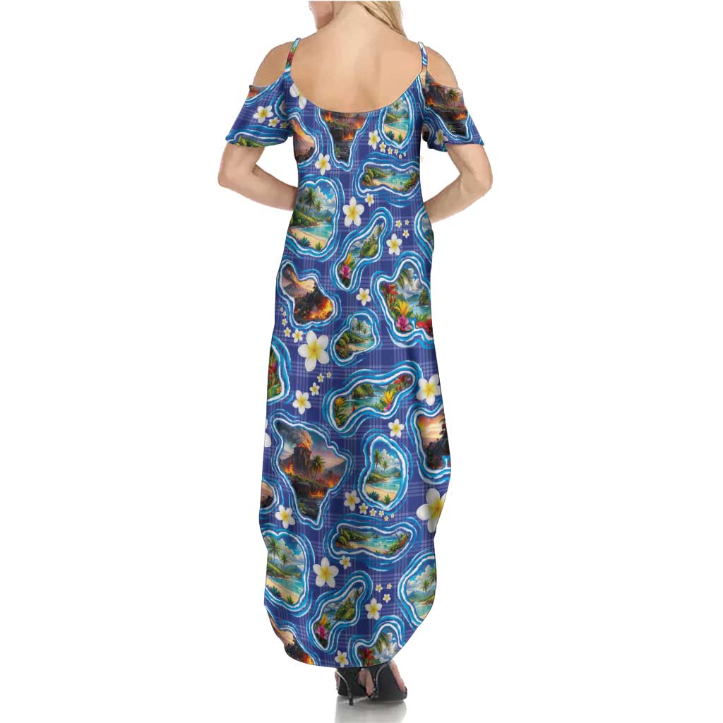 Hawaiian Island Shapes-Iconic Landscape Summer Maxi Dress with Plumeria and Palaka Blue Color LT03 - Polynesian Pride