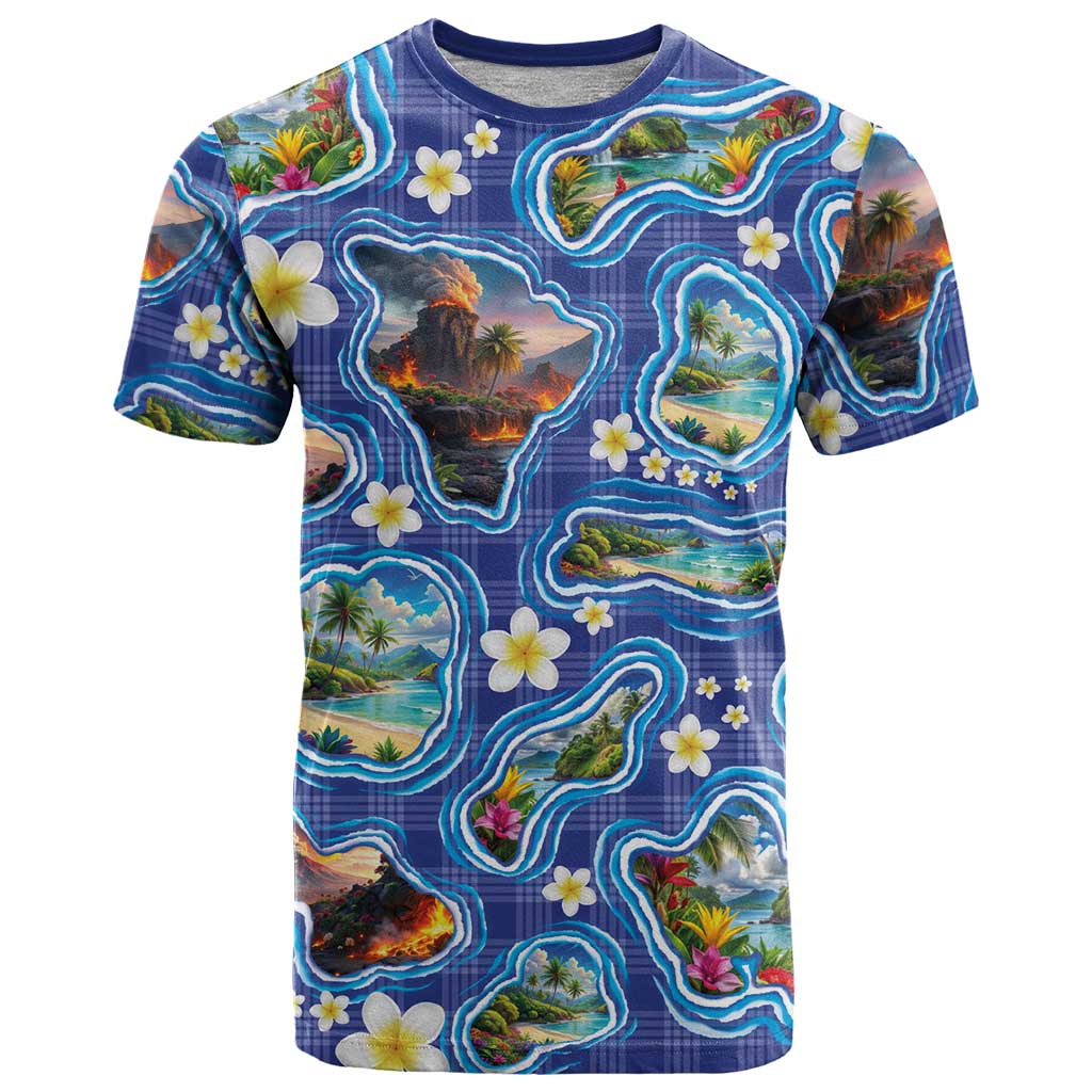 Hawaiian Island Shapes-Iconic Landscape T Shirt with Plumeria and Palaka Blue Color LT03 Blue - Polynesian Pride