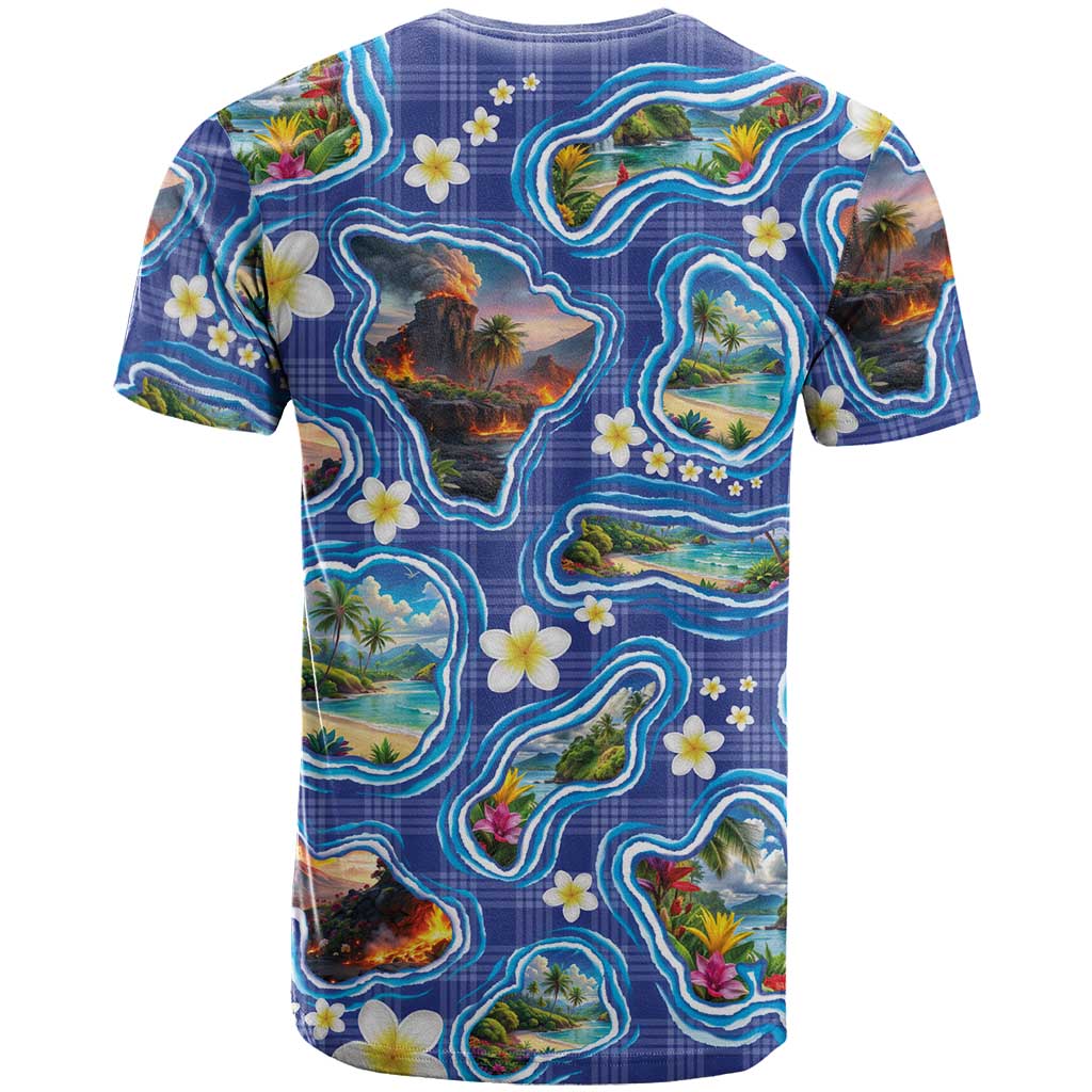 Hawaiian Island Shapes-Iconic Landscape T Shirt with Plumeria and Palaka Blue Color LT03 - Polynesian Pride