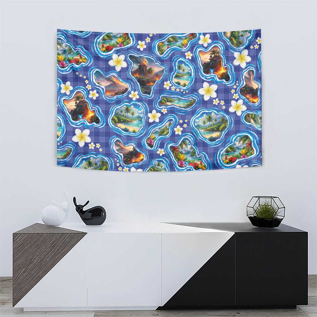 Hawaiian Island Shapes-Iconic Landscape Tapestry with Plumeria and Palaka Blue Color LT03 - Polynesian Pride