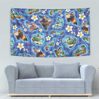 Hawaiian Island Shapes-Iconic Landscape Tapestry with Plumeria and Palaka Blue Color LT03 - Polynesian Pride
