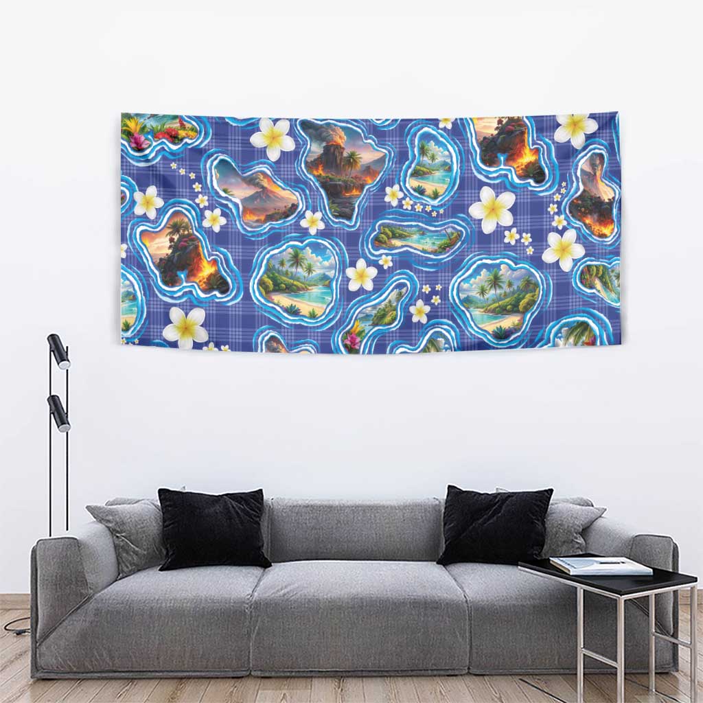 Hawaiian Island Shapes-Iconic Landscape Tapestry with Plumeria and Palaka Blue Color LT03 - Polynesian Pride