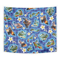 Hawaiian Island Shapes-Iconic Landscape Tapestry with Plumeria and Palaka Blue Color LT03 - Polynesian Pride