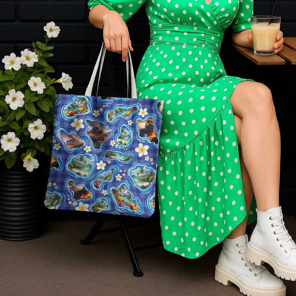 Hawaiian Island Shapes-Iconic Landscape Tote Bag with Plumeria and Palaka Blue Color LT03 - Polynesian Pride