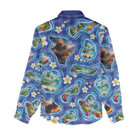 Hawaiian Island Shapes-Iconic Landscape Women Casual Shirt with Plumeria and Palaka Blue Color LT03 - Polynesian Pride