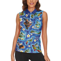 Hawaiian Island Shapes-Iconic Landscape Women Sleeveless Polo Shirt with Plumeria and Palaka Blue Color LT03 - Polynesian Pride