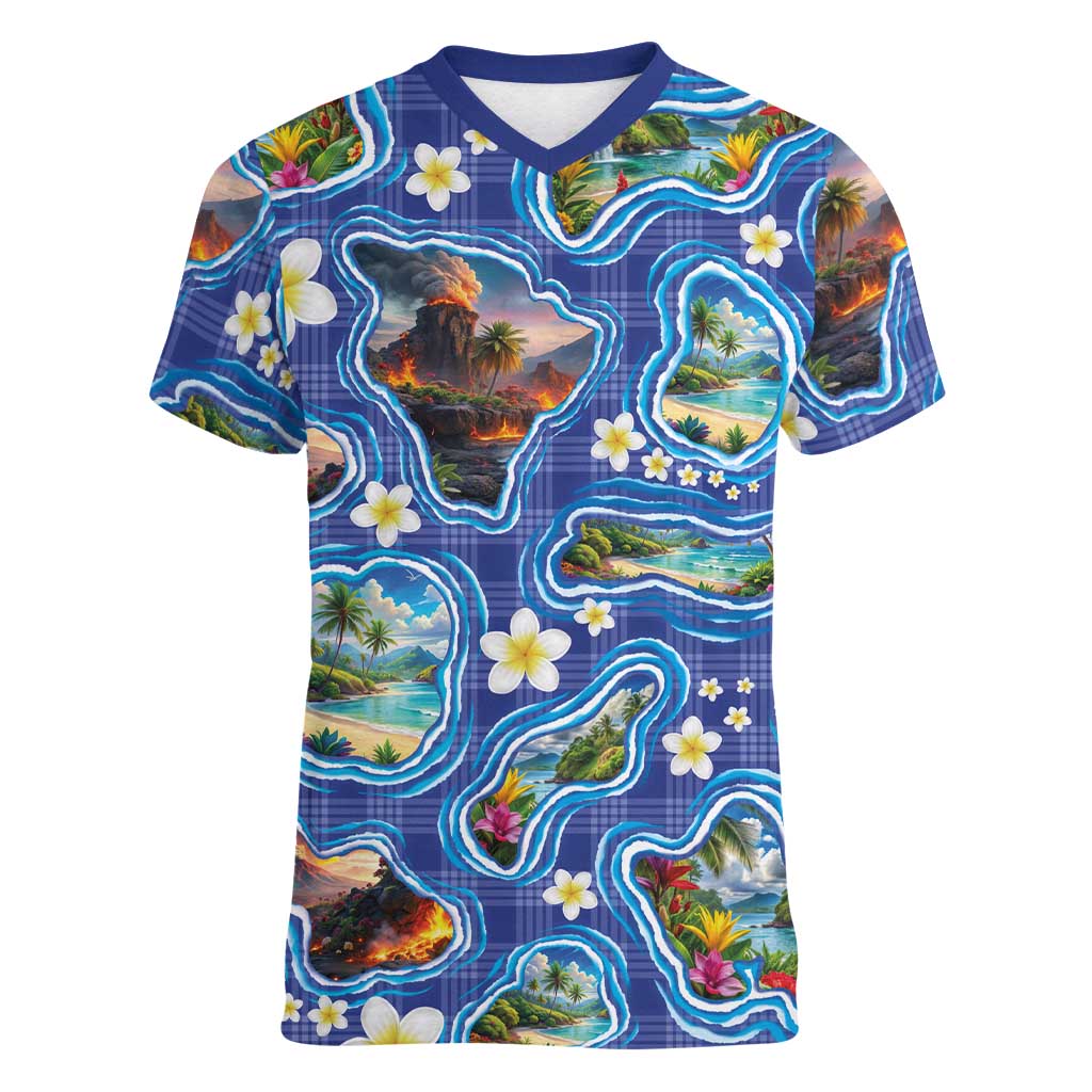 Hawaiian Island Shapes-Iconic Landscape Women V-Neck T-Shirt with Plumeria and Palaka Blue Color
