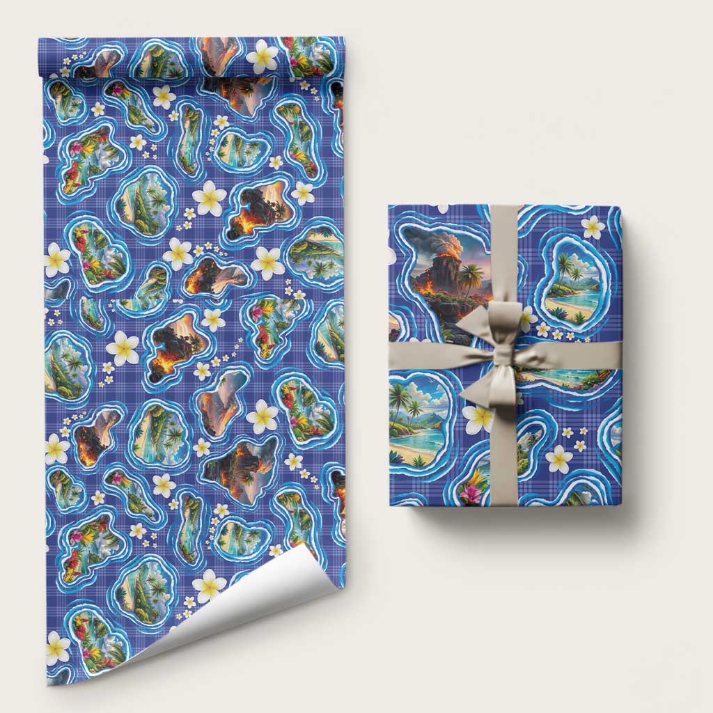 Hawaiian Island Shapes-Iconic Landscape Wrapping Paper with Plumeria and Palaka Blue Color LT03 58" × 23" Blue - Polynesian Pride