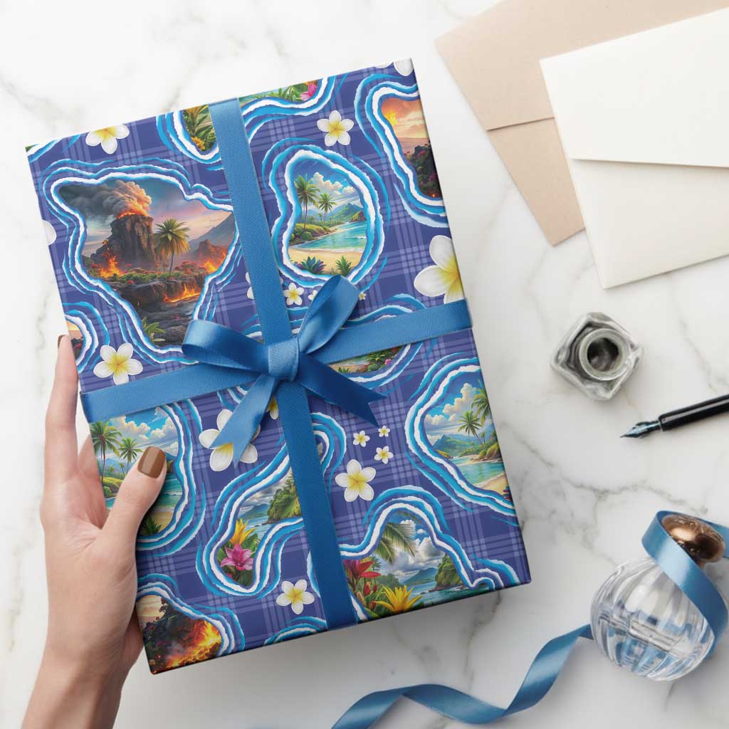 Hawaiian Island Shapes-Iconic Landscape Wrapping Paper with Plumeria and Palaka Blue Color LT03 - Polynesian Pride