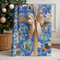 Hawaiian Island Shapes-Iconic Landscape Wrapping Paper with Plumeria and Palaka Blue Color LT03 - Polynesian Pride
