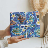 Hawaiian Island Shapes-Iconic Landscape Wrapping Paper with Plumeria and Palaka Blue Color LT03 - Polynesian Pride