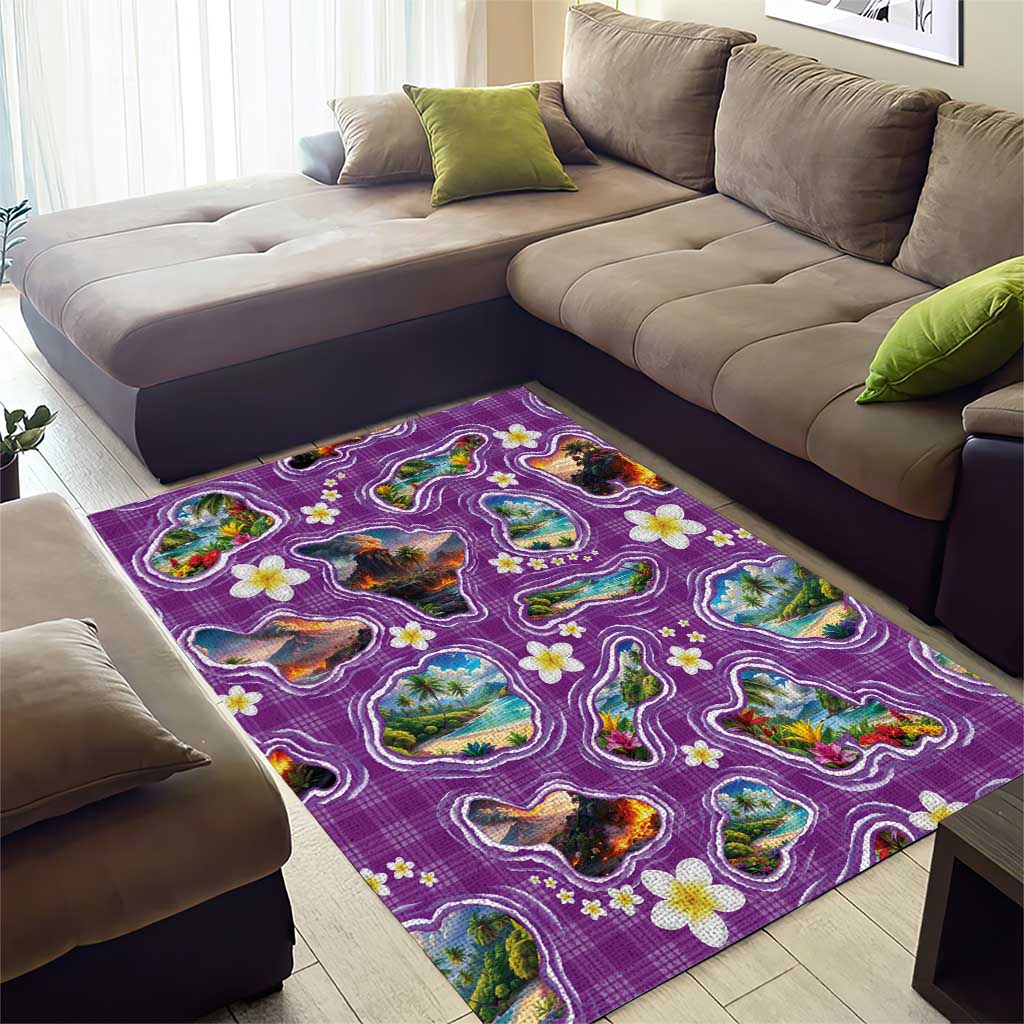 Hawaiian Island Shapes-Iconic Landscape Area Rug with Plumeria and Palaka Purple Color LT03 - Polynesian Pride