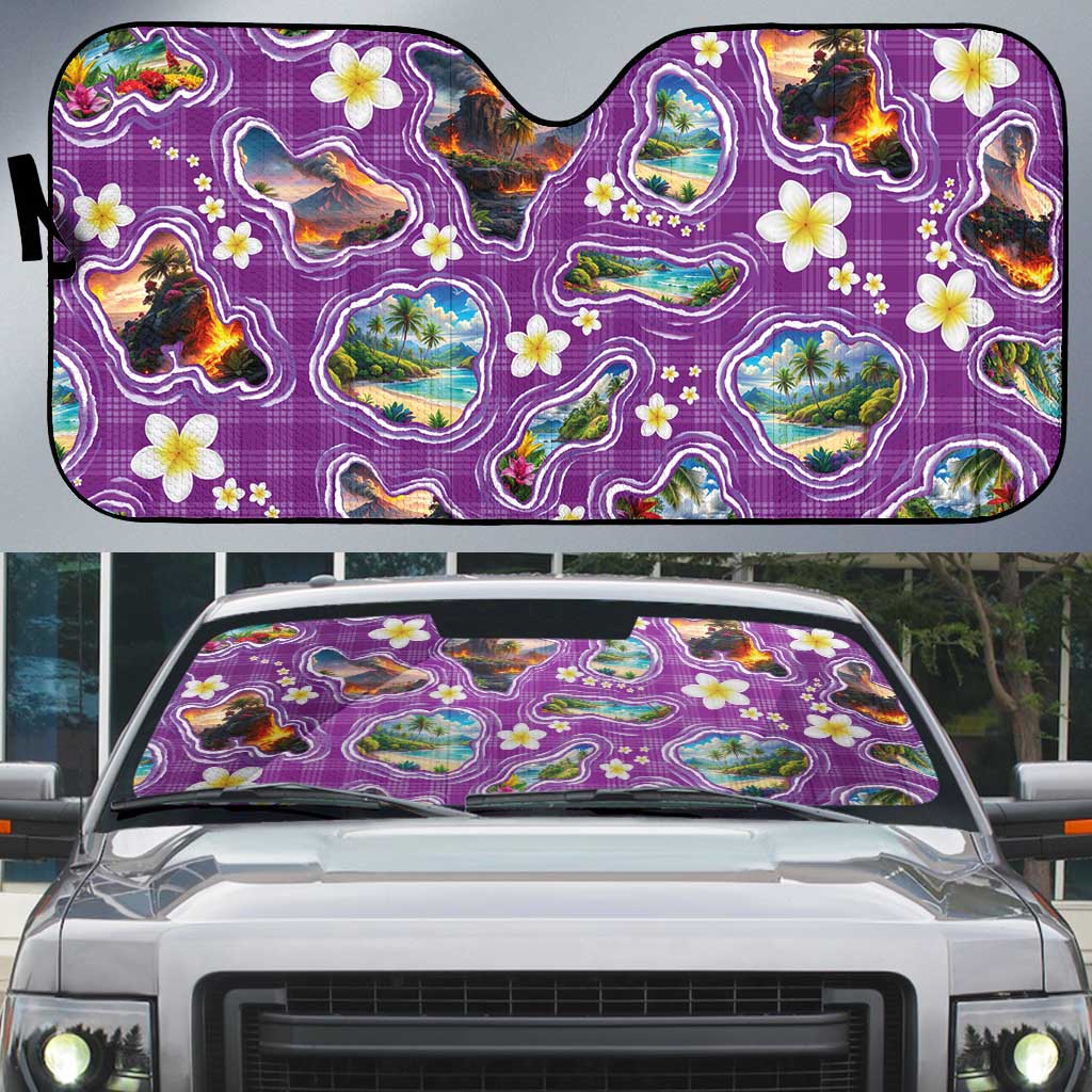 Hawaiian Island Shapes-Iconic Landscape Auto Sun Shade with Plumeria and Palaka Purple Color LT03 Purple - Polynesian Pride
