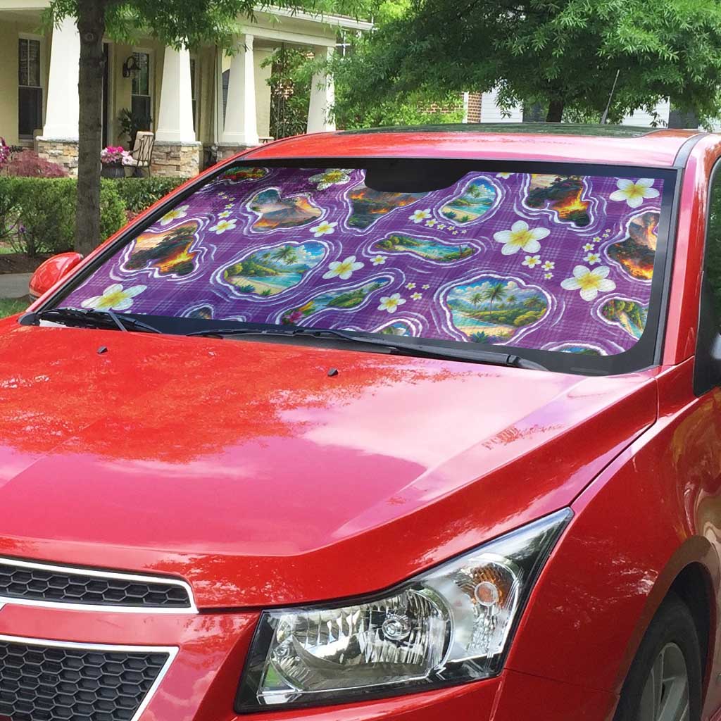 Hawaiian Island Shapes-Iconic Landscape Auto Sun Shade with Plumeria and Palaka Purple Color LT03 - Polynesian Pride