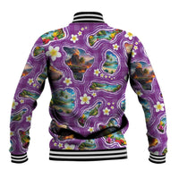 Hawaiian Island Shapes-Iconic Landscape Baseball Jacket with Plumeria and Palaka Purple Color LT03 - Polynesian Pride