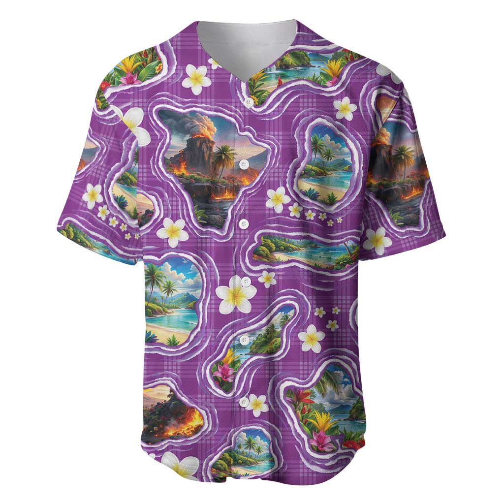 Hawaiian Island Shapes-Iconic Landscape Baseball Jersey with Plumeria and Palaka Purple Color LT03 Purple - Polynesian Pride