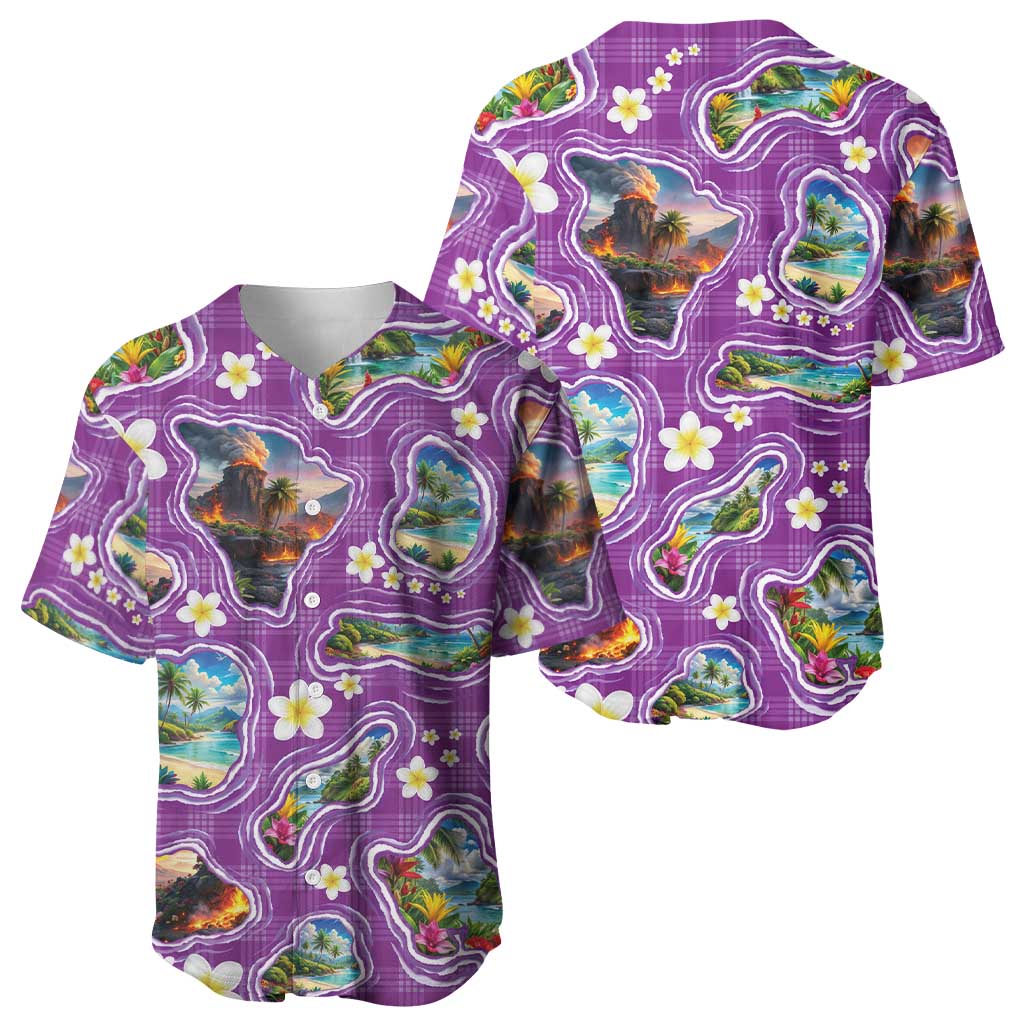 Hawaiian Island Shapes-Iconic Landscape Baseball Jersey with Plumeria and Palaka Purple Color LT03 - Polynesian Pride