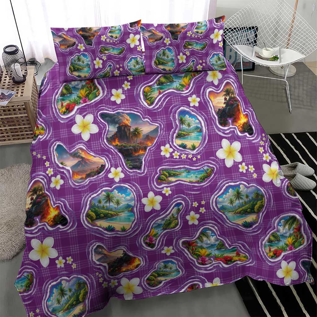 Hawaiian Island Shapes-Iconic Landscape Bedding Set with Plumeria and Palaka Purple Color LT03 - Polynesian Pride