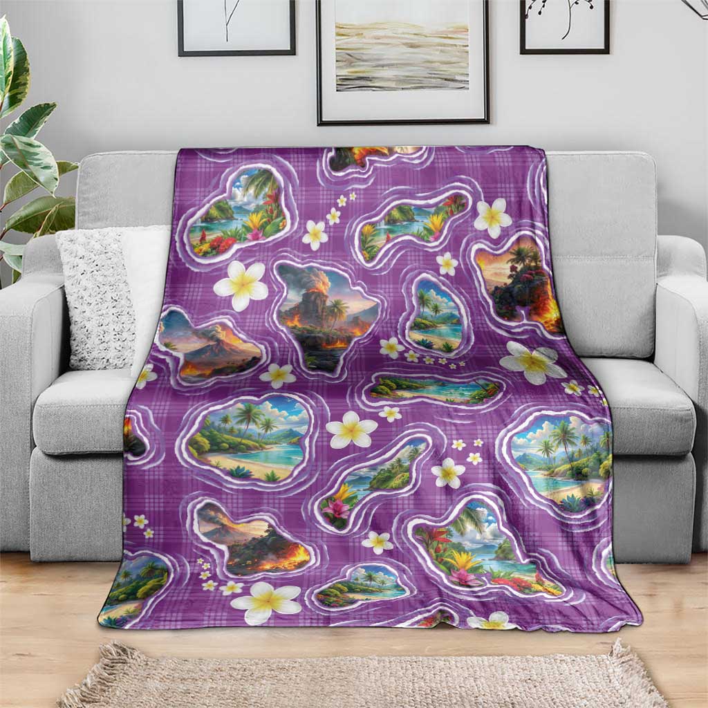 Hawaiian Island Shapes-Iconic Landscape Blanket with Plumeria and Palaka Purple Color LT03 - Polynesian Pride