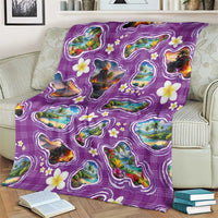 Hawaiian Island Shapes-Iconic Landscape Blanket with Plumeria and Palaka Purple Color LT03 - Polynesian Pride