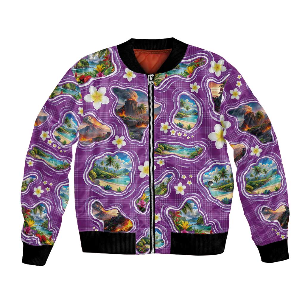 Hawaiian Island Shapes-Iconic Landscape Bomber Jacket with Plumeria and Palaka Purple Color LT03 Unisex Purple - Polynesian Pride