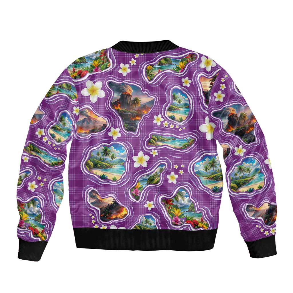 Hawaiian Island Shapes-Iconic Landscape Bomber Jacket with Plumeria and Palaka Purple Color LT03 - Polynesian Pride