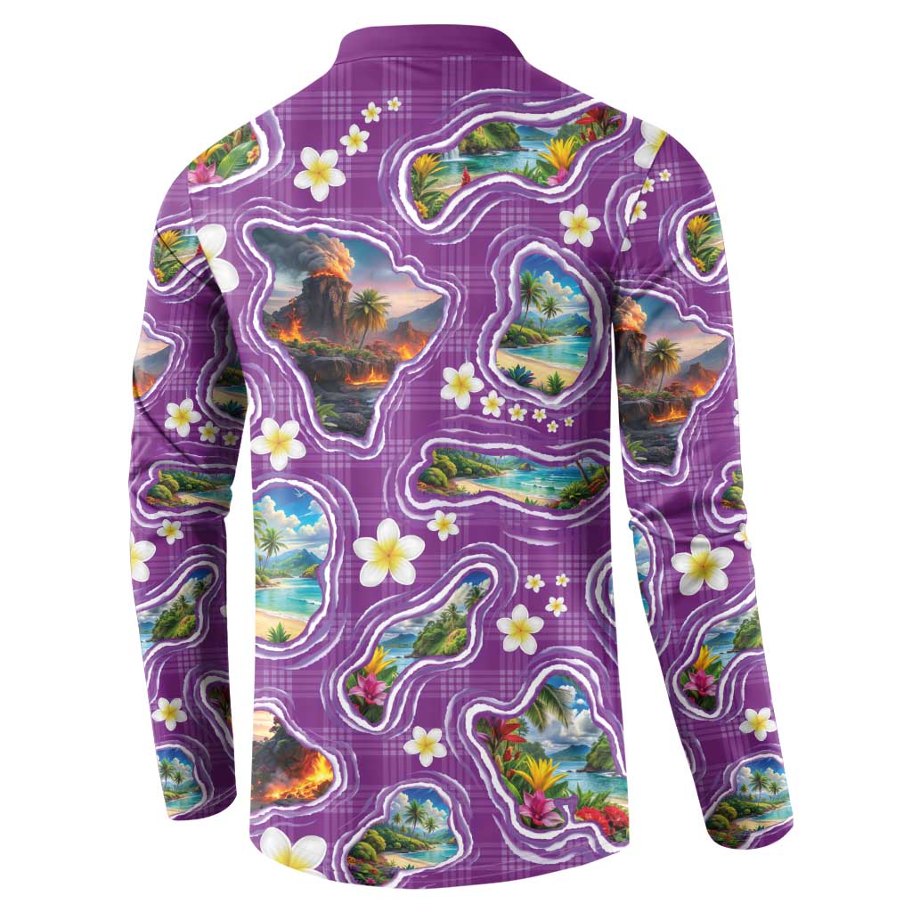 Hawaiian Island Shapes-Iconic Landscape Button Sweatshirt with Plumeria and Palaka Purple Color LT03 - Polynesian Pride