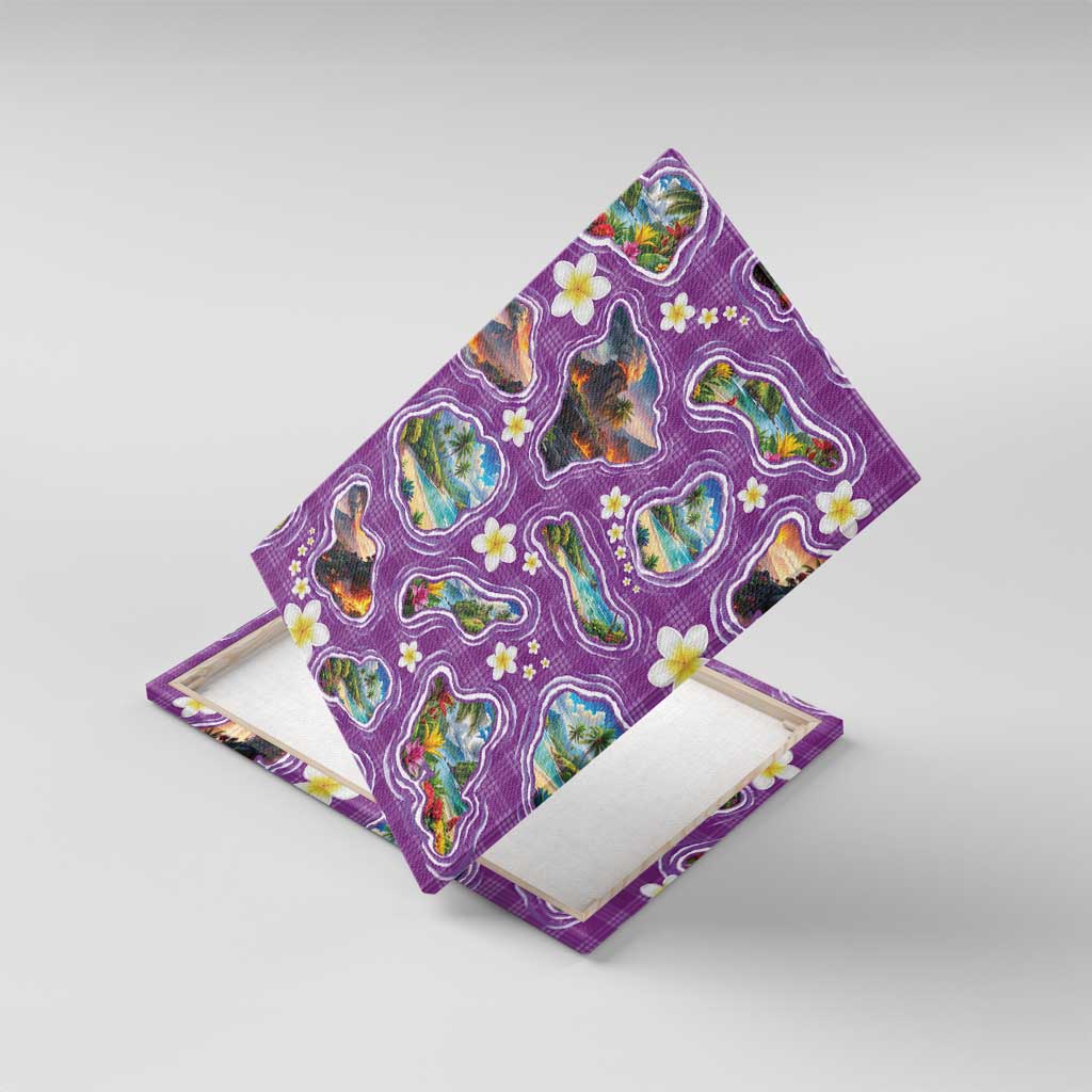 Hawaiian Island Shapes-Iconic Landscape Canvas Wall Art with Plumeria and Palaka Purple Color LT03 With Frame Purple - Polynesian Pride