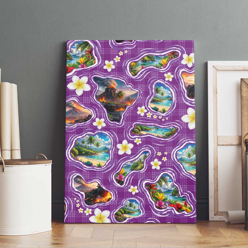 Hawaiian Island Shapes-Iconic Landscape Canvas Wall Art with Plumeria and Palaka Purple Color LT03 - Polynesian Pride