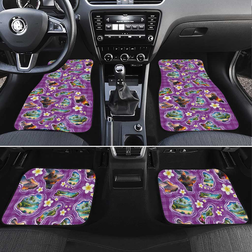 Hawaiian Island Shapes-Iconic Landscape Car Mats with Plumeria and Palaka Purple Color
