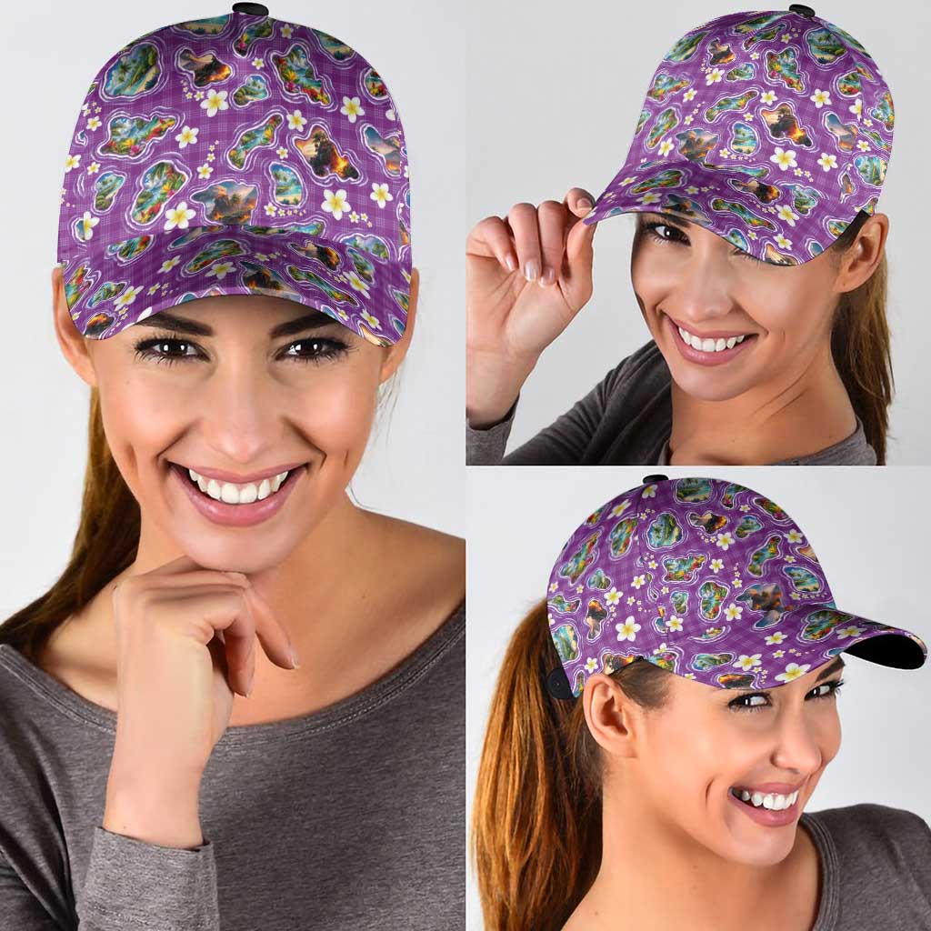 Hawaiian Island Shapes-Iconic Landscape Classic Cap with Plumeria and Palaka Purple Color LT03 - Polynesian Pride