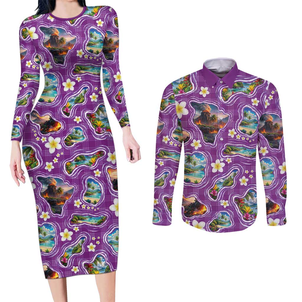 Hawaiian Island Shapes-Iconic Landscape Couples Matching Long Sleeve Bodycon Dress and Long Sleeve Button Shirt with Plumeria and Palaka Purple Color