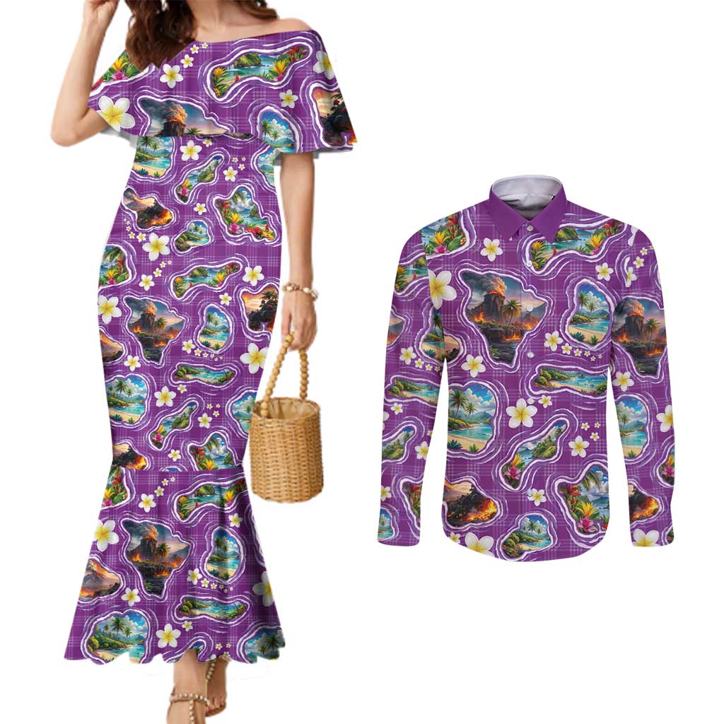 Hawaiian Island Shapes-Iconic Landscape Couples Matching Mermaid Dress and Long Sleeve Button Shirt with Plumeria and Palaka Purple Color