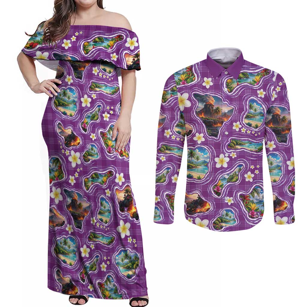 Hawaiian Island Shapes-Iconic Landscape Couples Matching Off Shoulder Maxi Dress and Long Sleeve Button Shirt with Plumeria and Palaka Purple Color