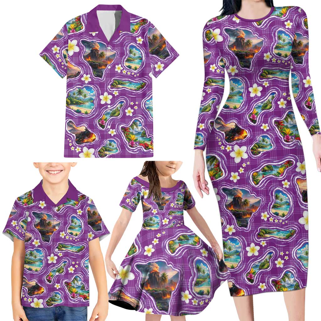 Hawaiian Island Shapes-Iconic Landscape Family Matching Long Sleeve Bodycon Dress and Hawaiian Shirt with Plumeria and Palaka Purple Color LT03 - Polynesian Pride