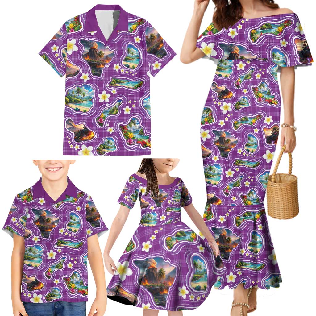 Hawaiian Island Shapes-Iconic Landscape Family Matching Mermaid Dress and Hawaiian Shirt with Plumeria and Palaka Purple Color LT03 - Polynesian Pride