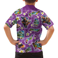 Hawaiian Island Shapes-Iconic Landscape Family Matching Off The Shoulder Long Sleeve Dress and Hawaiian Shirt with Plumeria and Palaka Purple Color LT03 - Polynesian Pride