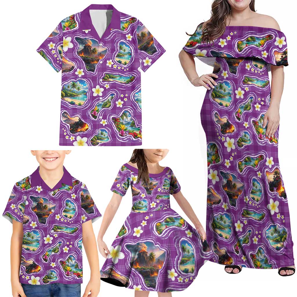 Hawaiian Island Shapes-Iconic Landscape Family Matching Off Shoulder Maxi Dress and Hawaiian Shirt with Plumeria and Palaka Purple Color LT03 - Polynesian Pride