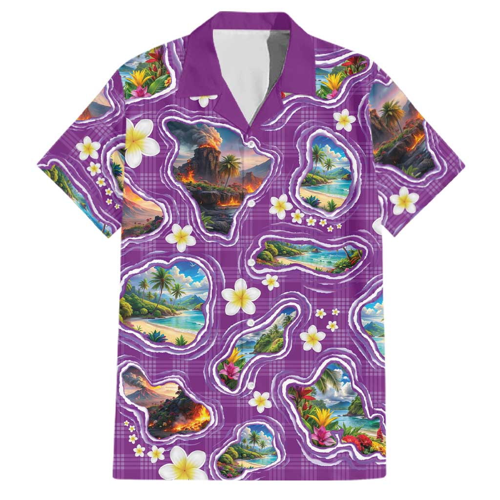 Hawaiian Island Shapes-Iconic Landscape Family Matching Off Shoulder Short Dress and Hawaiian Shirt with Plumeria and Palaka Purple Color LT03 Dad's Shirt - Short Sleeve Purple - Polynesian Pride