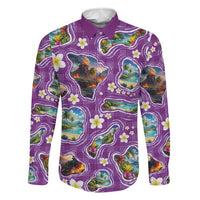 Hawaiian Island Shapes-Iconic Landscape Family Matching Off Shoulder Short Dress and Hawaiian Shirt with Plumeria and Palaka Purple Color LT03 Dad's Shirt - Long Sleeve Purple - Polynesian Pride